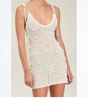 Devon Windsor Katherine Crochet Knit Mini Dress with Pom Pom Detail Cream